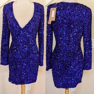 Royal Blue Sequin & Velvet Long Sleeve Formal Cocktail Mini Dress 4